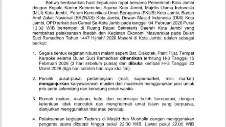 Pemkot Jambi Menghimbau Penutupan Tempat Hiburan Selama Ramadhan